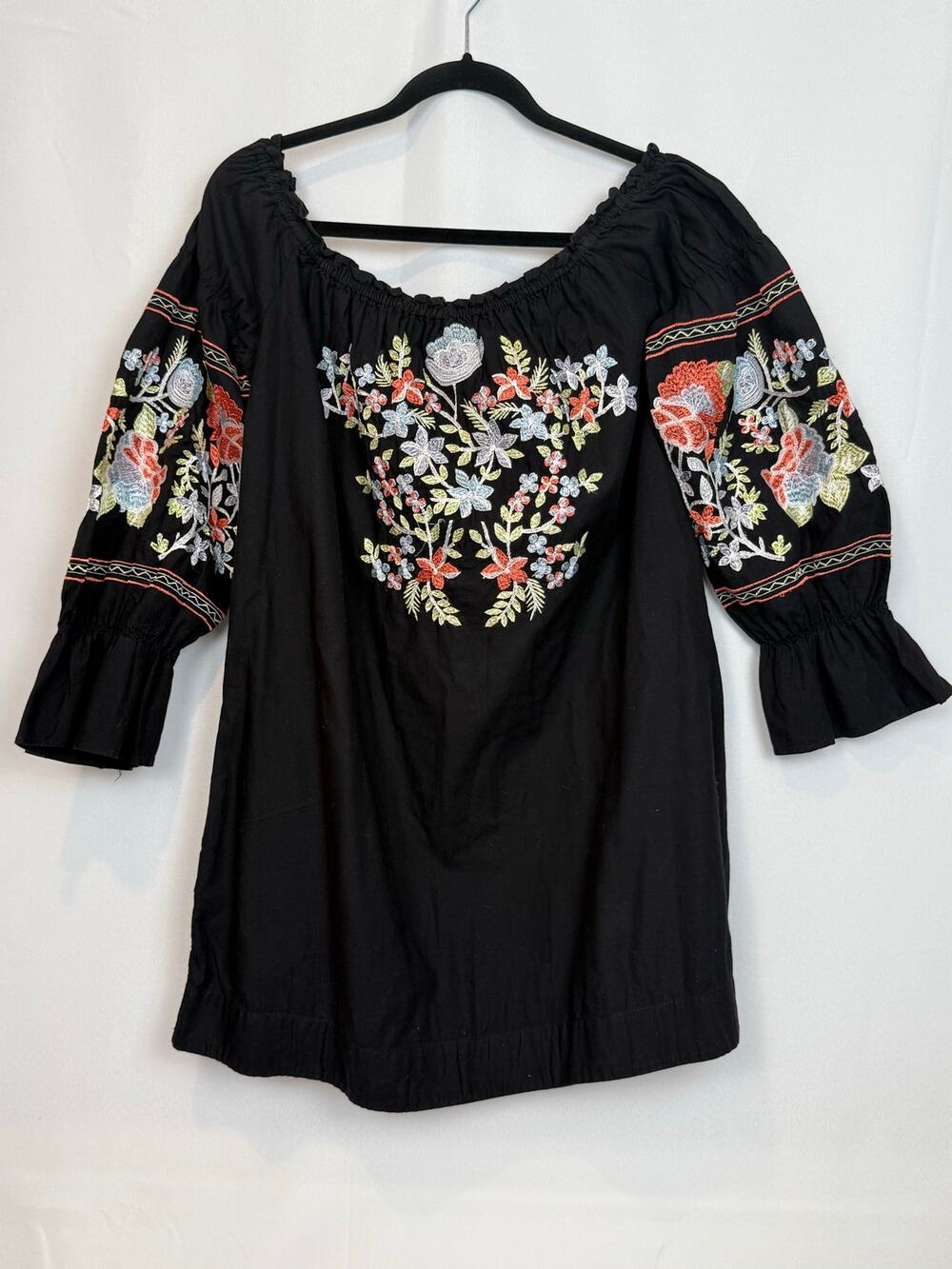 Free People Black Floral Embroidered Off Shoulder Bell Sleeve Boho Top